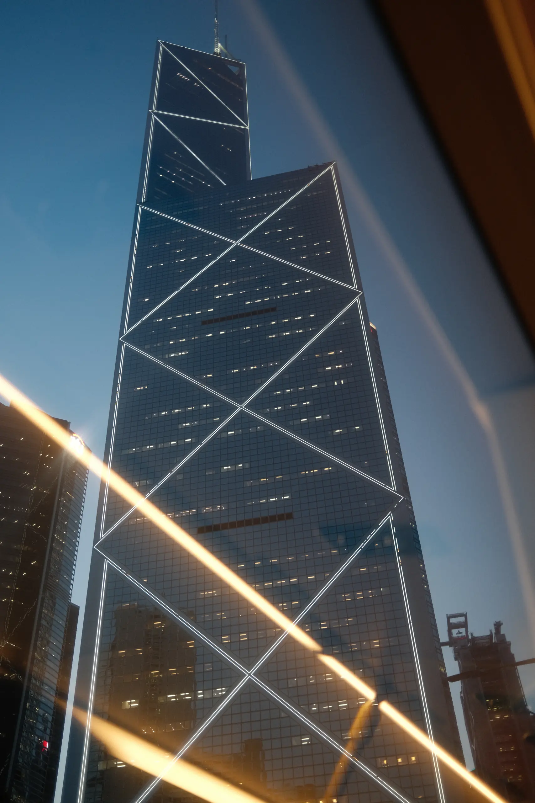 The Bank of China Tower lit up at night