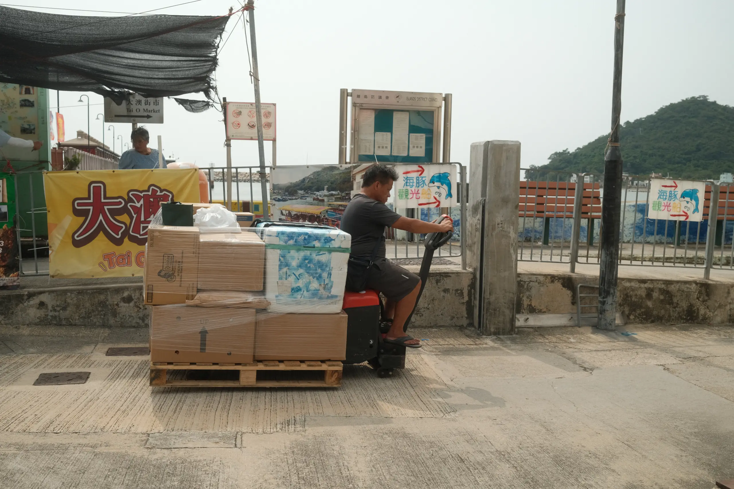 A man moving boxes on a pallet truck at the Tai O waterfront