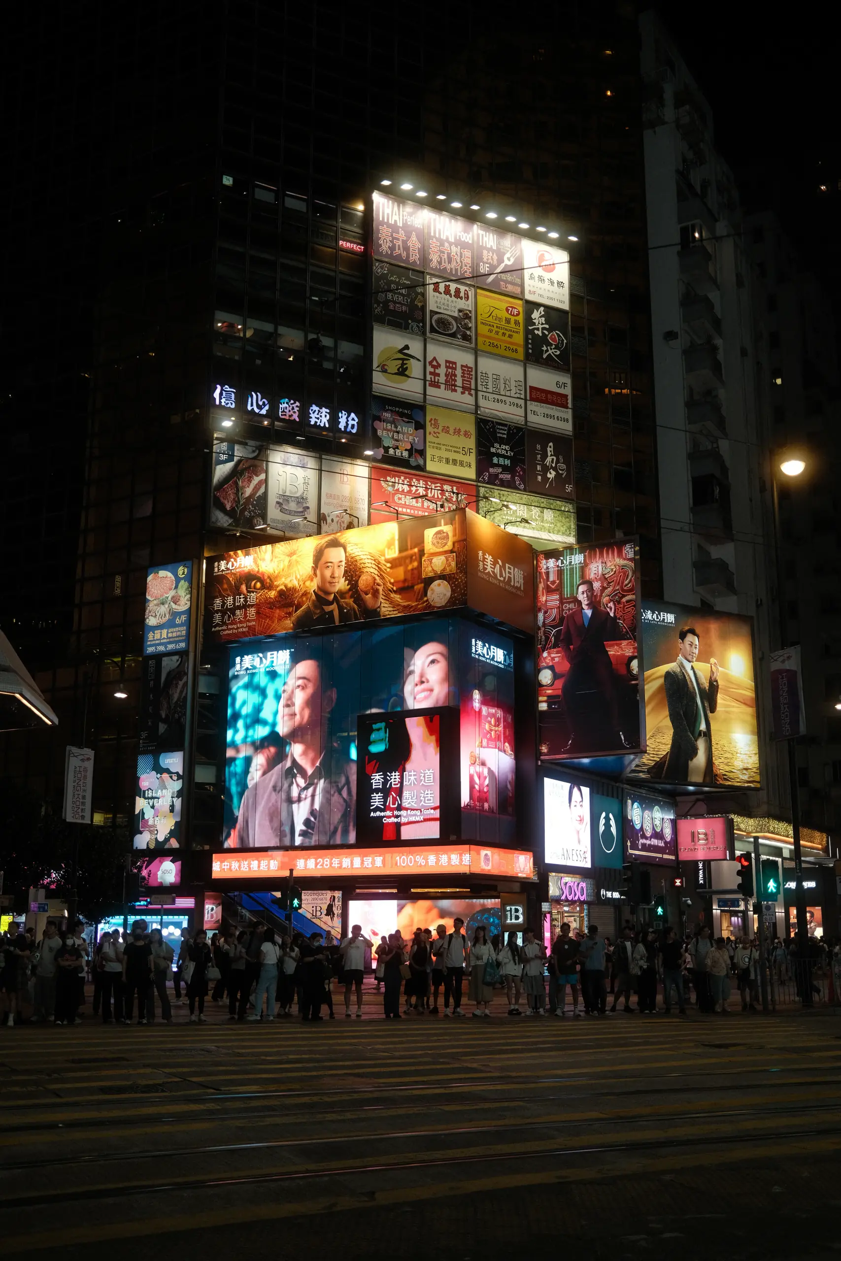 Neon signs over a crowded street in Mong Kok at night