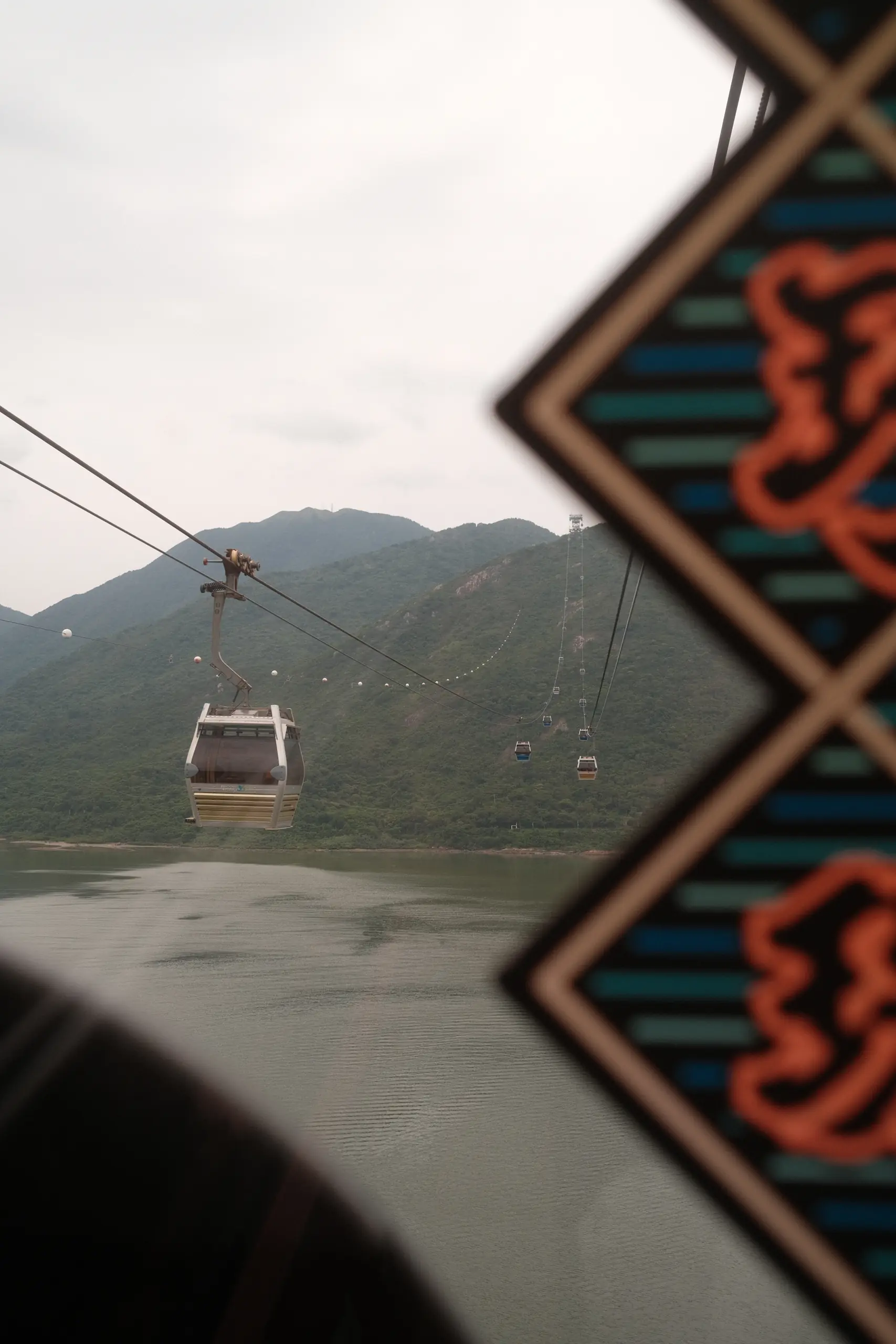 The Ngong Ping cable car seen through a patterned window