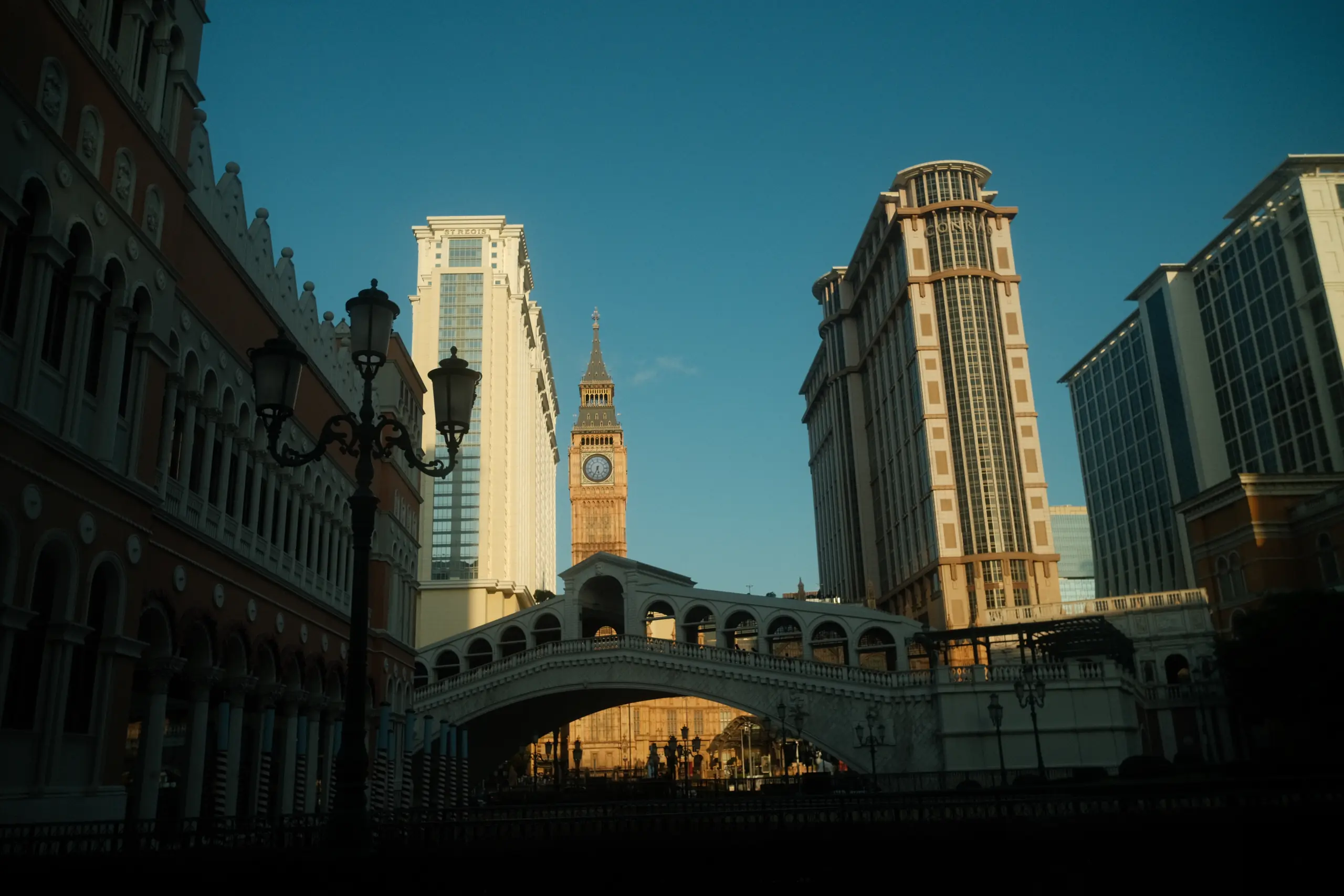 The Venetian with its clock tower and canal bridge