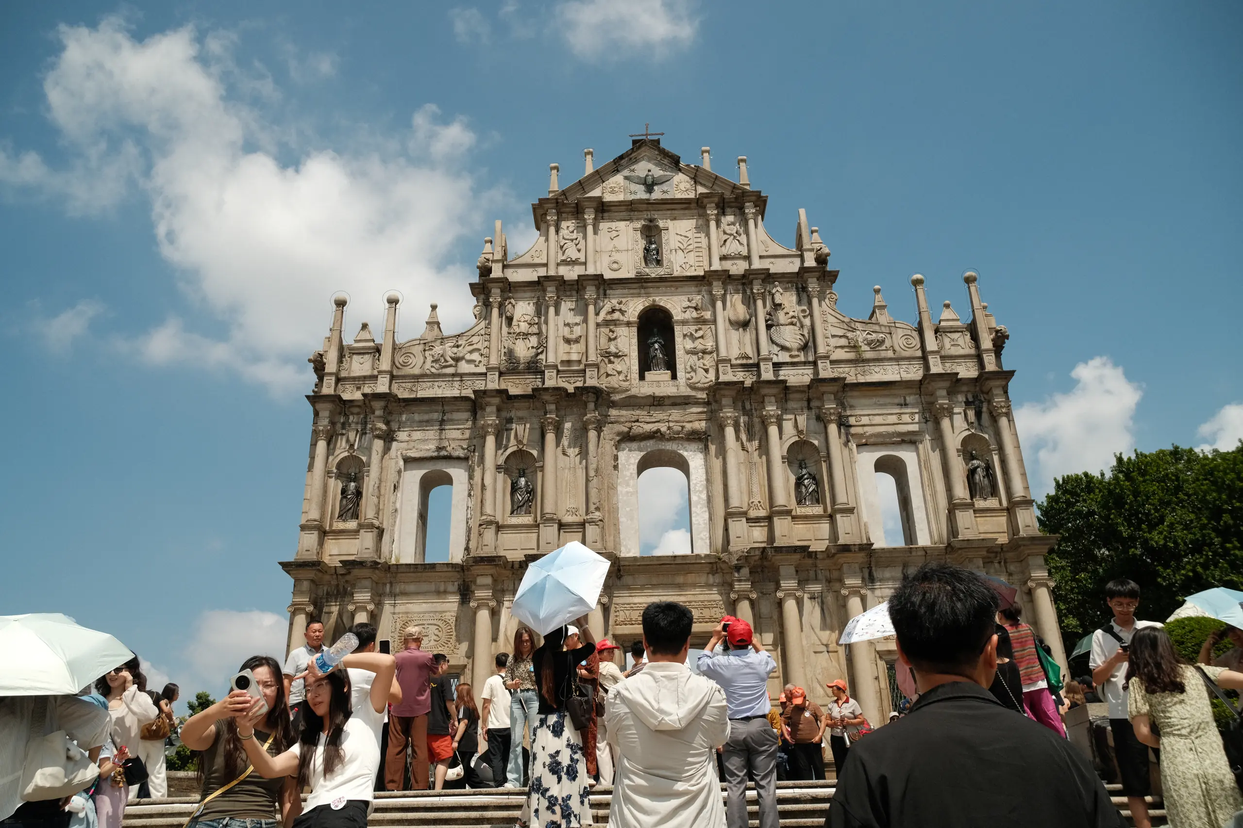 Tourists on the steps in front of the Ruins of St. Paul's