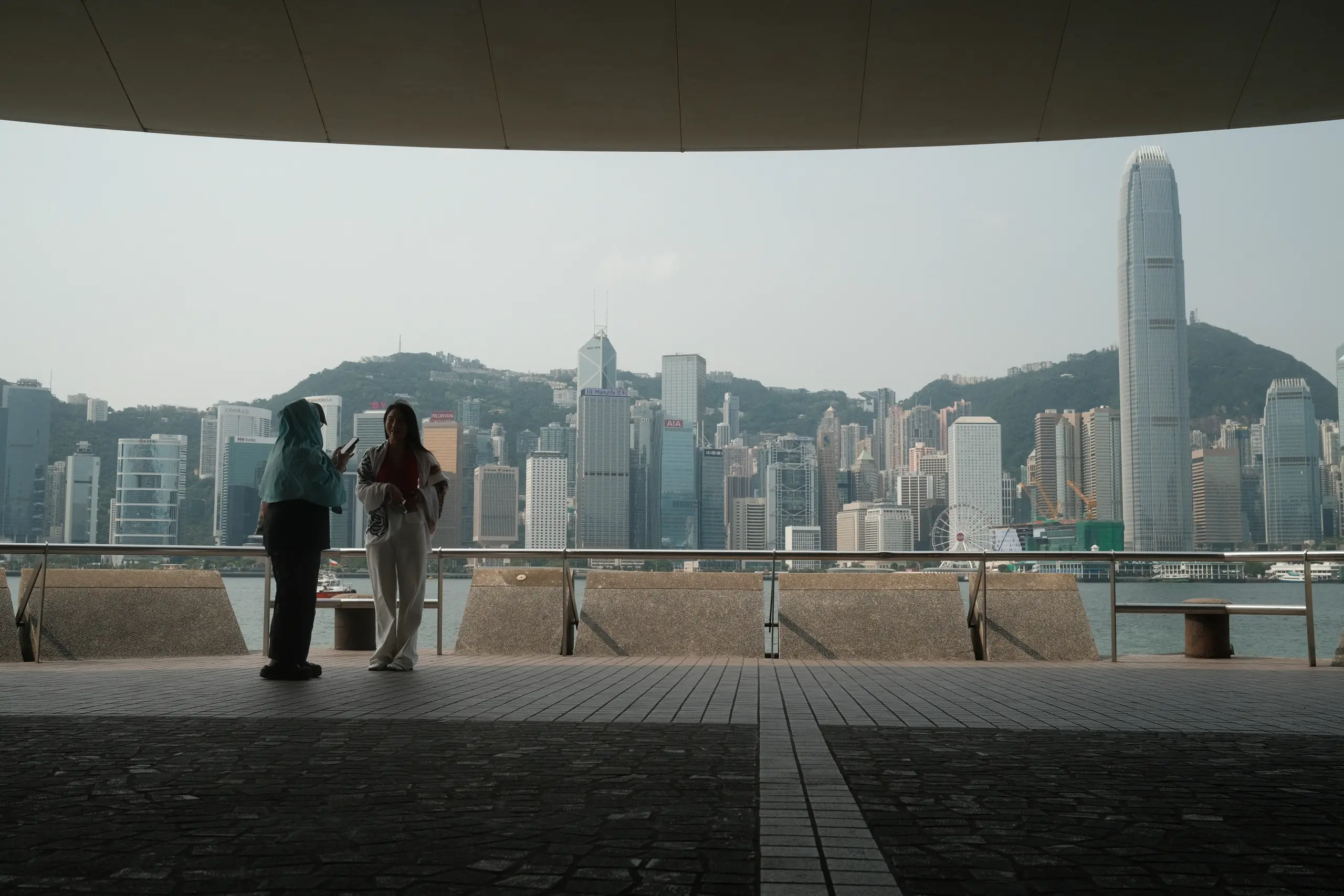 Two people at the Kowloon waterfront with the Hong Kong Island skyline behind