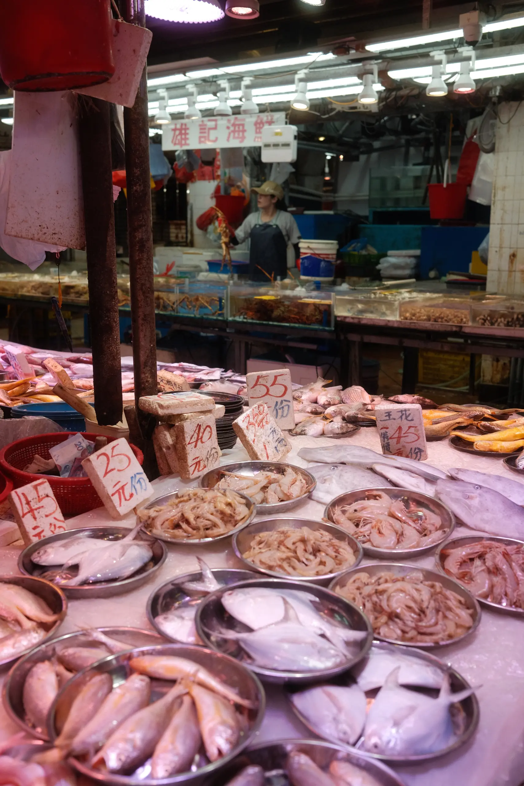Fish and seafood on ice at a wet market stall